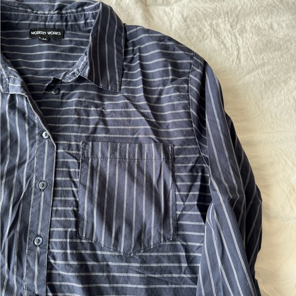 Navy Striped Women's Button Down Shirt - Picture 3 of 4